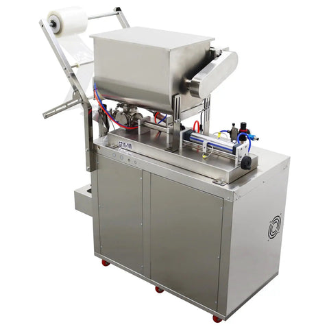 Automatic Pneumatic Paste And Liquid Filling Machine With Stainless Steel Horizontal Mixing Hopper For Sauces Oils Honey And Condiments 10 To 100 ML, side view showing SS hopper and controls.