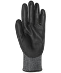 Touchscreen Friendly Level A6 Cut Resistant Work Gloves With 13 Gauge Hyperon Shell And Polyurethane Palm Coating For Dexterity Size Large 12 Pairs Reusable Black, single glove showing front view and texture.
