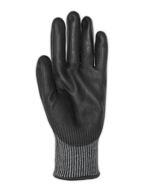 Touchscreen Friendly Level A6 Cut Resistant Work Gloves With 13 Gauge Hyperon Shell And Polyurethane Palm Coating For Dexterity Size Large 12 Pairs Reusable Black, single glove showing front view and texture.