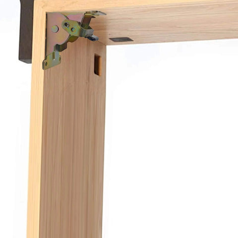 Heavy Duty 4 Pack Folding Support Brackets With Self Locking Hinges For Tables Benches And Workbenches Easy Install Gold Finish Includes 44 Screws And Mounting Hardware installed on wooden table corner