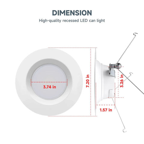 5 Or 6 Inch Led Recessed Downlight With Smooth Dimmable Ceiling Can Light dimensions illustration, showing 3.74in diameter and 7.20in depth.