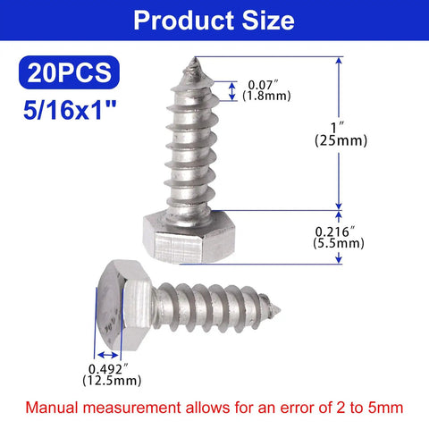 Heavy Duty Five Sixteenth Inch By One Inch Hex Lag Screws 304 Stainless Steel Wood Bolts External Hex Drive Pack Of Twenty For Decks