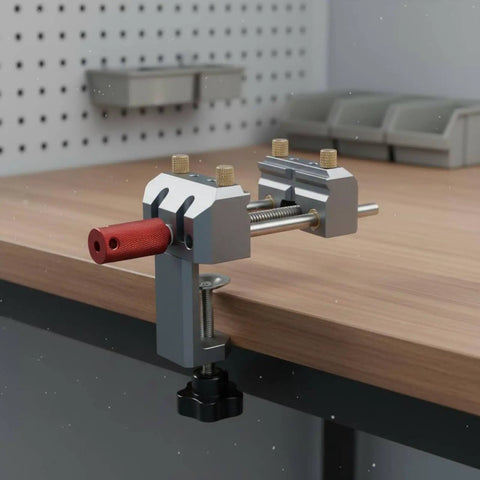 Premium Blue Aluminum Bench Vise With Sliding Screw And Brass Jaws For CNC Machining, Home Workshop Clamping, And Precise Mini Table Tool Work on wooden table.