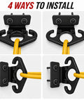 Unshakeable Heavy Duty Steel Wall Mount Anchors For Resistance Bands And Intense Daily Grinds installation guide in four angles with black hooks.