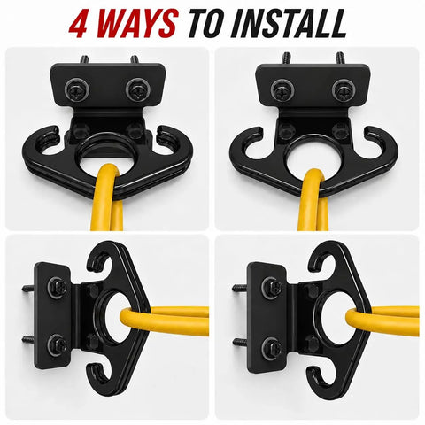 Unshakeable Heavy Duty Steel Wall Mount Anchors For Resistance Bands And Intense Daily Grinds installation guide in four angles with black hooks.