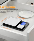 Two-In-One Dual Platform Kitchen Scale with 33 lb large and 1.1 lb small platforms, stainless steel, shown in drawer for easy storage