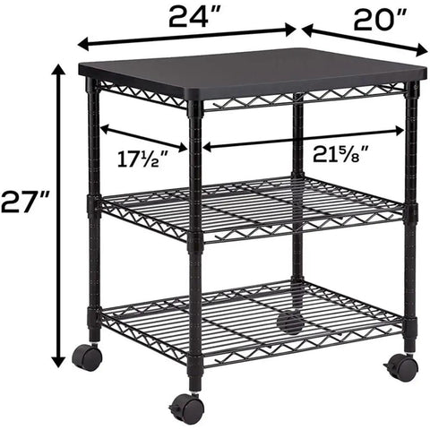 Rolling Printer Stand On Wheels For Home Office, 3 Tier Deskside Cart With Steel Shelves, Mobile Office Cart, black, dimensions shown