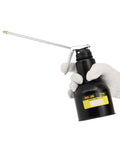 DOWELL pistol pump oil can, 500ml/16oz, metal long spout with lever, black bottle held by gloved hand