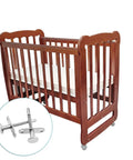 Straight Up Heavy Duty Stainless Steel Spring Plunger Latch With Corrosion Resistant Bolt And Four Included Mounting Screws Built Tough For Furniture Cabinet Doors And Bed Frames Locking Solid And Snapping Right Into Place Every Single Time, shown with wooden crib.