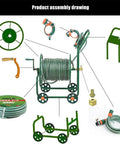 Heavy Duty Garden Hose Reel Cart With Wheels And High Pressure Water Whip assembly drawing, includes hose, spray nozzle, and rolling base.