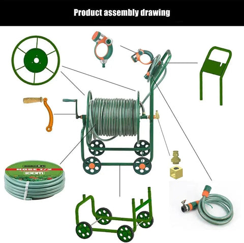 Smooth Operator Garden Hose Reel Cart With Big Rollers showing assembly parts including hose, fittings, and heavy duty stand.