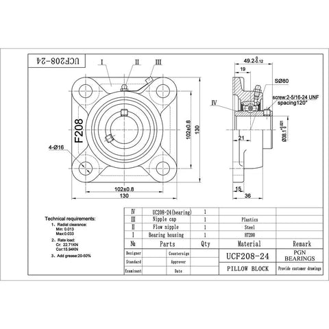 Technical drawing of two pack pillow block bearing set with 1.5 inch bore self aligning chrome steel 52100 square flange