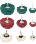 10 Piece Nonwoven Abrasive Buffing Wheel Set With One Quarter Inch Shank For Polishing And Surface Prep Includes Flap Wheels
