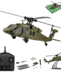Collection of Dope Brushless RC Helicopter With 6 Axis Gyro And 4 Channel Control, remote, parts, and stand on white background.