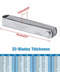 Universal Spark Plug Gap Tool With 32 Blades Steel Feeler Gauge for Most 10mm 12mm 14mm and 16mm Spark Plugs shown with size chart