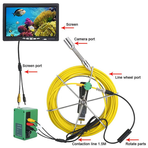 Built Tough No Sweat Wifi Inspection Camera With 7 Inch Lcd Screen showing camera setup, monitor, and yellow cable for inspections.
