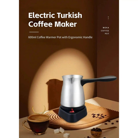Electric 600ml Do It All Coffee Pot With Stainless Steel Kettle And Ergonomic Handle For Home Use displayed on a brown table