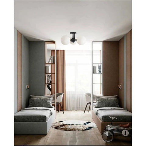 Soft Black Three Light Semi Flush Mount Ceiling Light With Frosted Glass Shade in modern bedroom setting