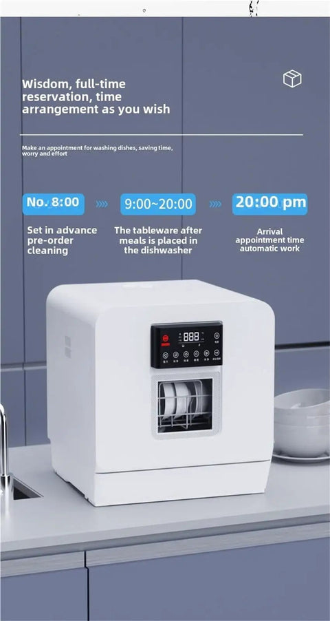 Plug And Play Portable Countertop Dishwasher Automatic Smart Wash System With Built In Storage And Disinfection Mode No Install Headaches Compact Size Perfect For Small Spaces Total Cleaning Breeze on a kitchen countertop.