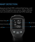Leaf VPD And Temperature Meter, Handheld Environmental Monitor For Home Grow Setups, Captures Leaf VPD And Air Temp, Calibrates Smart Grow Controllers, Infrared Thermometer For Greenhouses, Grow Tents, Terrariums; device with digital display showing air VPD, ambient and leaf temperature readings.