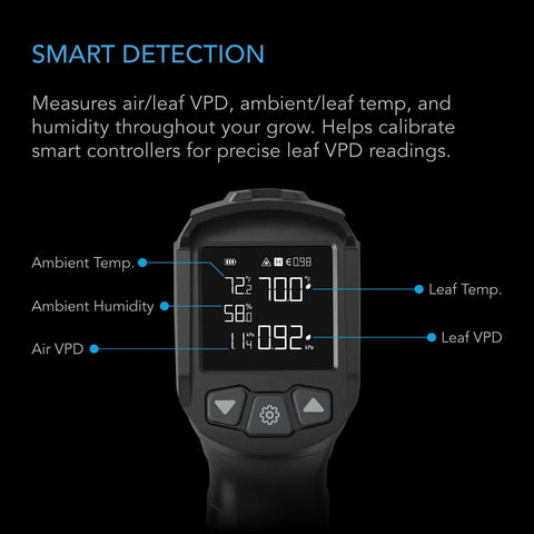 Leaf VPD And Temperature Meter, Handheld Environmental Monitor For Home Grow Setups, Captures Leaf VPD And Air Temp, Calibrates Smart Grow Controllers, Infrared Thermometer For Greenhouses, Grow Tents, Terrariums; device with digital display showing air VPD, ambient and leaf temperature readings.