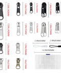 DIY Zipper Repair Kit With Replacement Sliders And Pulls, 252 Piece Zipper Slider Set details, sizes 3, 5, 8 for jackets.
