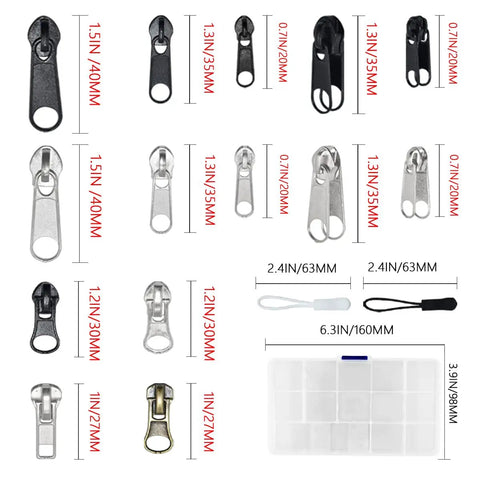 DIY Zipper Repair Kit With Replacement Sliders And Pulls, 252 Piece Zipper Slider Set details, sizes 3, 5, 8 for jackets.