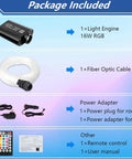 Package contents of Dope 16W RGBW Fiber Optic Star Ceiling Light Kit with 335 Fibers, including light engine and accessories.