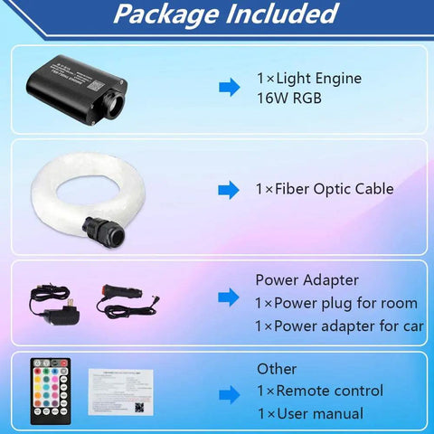 Package contents of Dope 16W RGBW Fiber Optic Star Ceiling Light Kit with 335 Fibers, including light engine and accessories.