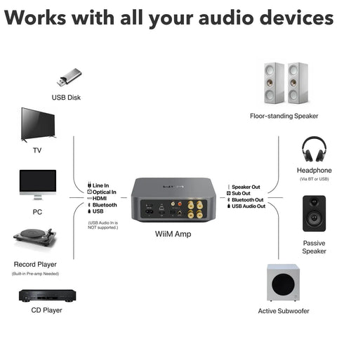 Connection options for the Smart Multiroom Streaming Amplifier With AirPlay Google Cast And Alexa Voice Control HDMI Output Streams Spotify Amazon Music Tidal And More Powers Passive Speakers Up To 60W Per Channel At 8 Ohms Space Gray.