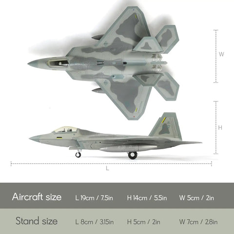 One Hundredth Scale F 22 Raptor Fighter Jet Model Dope Diecast Aircraft showing top and side views with dimensions