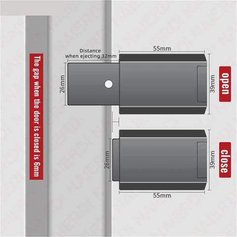 Diagram of Heavy Duty Magnetic Push Latch For Cabinets and Doors showing open and closed positions with measurements.