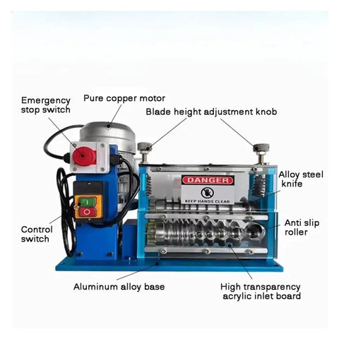 Rock Solid Portable Electric Wire Stripper Machine Effortless Cable Stripping Tool With Heavy Duty Aluminum Frame Smooth Operation For Copper Recycling And Home Workshop Jobs 1 5 To 38 Mm features an aluminum alloy base, control switch, and pure copper motor.