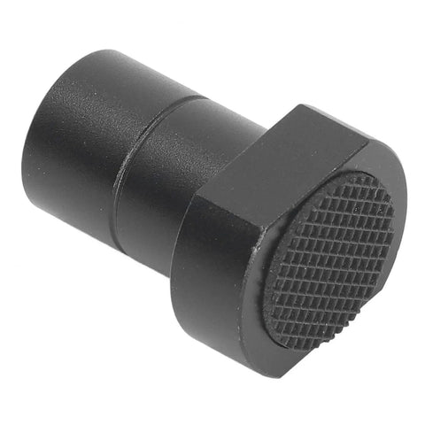 Close-up of a black piece from the 8 Piece Aluminum Bench Dogs Set for Woodworking, three quarters inch size with non-slip surface.