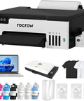 A4 DTF Printer Machine With XP600 Printhead Straight Up Beast Mode Kit with laptop, inks, transfer film, and shirts.