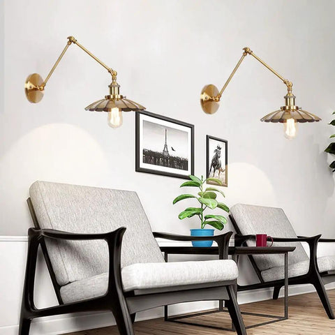 Badass Heavy Duty Swing Arm Wall Lamp, Adjustable Bronze Sconce, Vintage fixture above cozy chairs in living room.