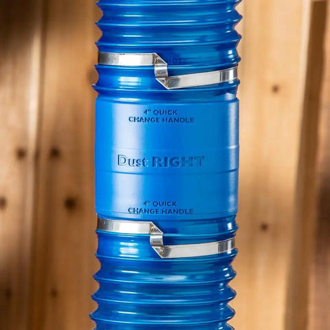 Heavy Duty 4 Inch Dust Collector Hose Splice Fitting With Quick Change Handle And Built-In Swivel To Stop Hose Twisting, blue ABS connector.