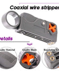 Close-up of a coaxial wire stripper with quality material, blade, and regulating screw details for Pro Grade Coaxial Cable Tool Kit.