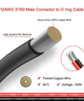 Diagram showing XT60 to O Ring Terminal Cable, 12AWG tinned copper wire, with labeled copper strands and PVC material.