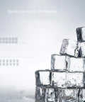 Premium Automatic Ice Cube Maker Pulling Forty Kilos Daily, showing clear ice cubes stacked neatly with droplets.
