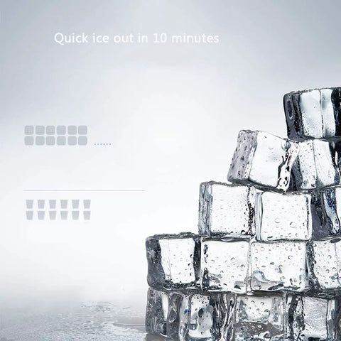 Premium Automatic Ice Cube Maker Pulling Forty Kilos Daily, showing clear ice cubes stacked neatly with droplets.