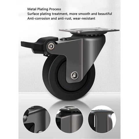 Heavy Duty Silent Rubber Swivel Casters Rock Solid Build with metal plating, black rubber wheel showing smooth finish and twin brake.