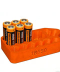 Ergonomic Battery Welding Jig For 18650 And 21700 Cells With Insulated Safety Clamps Quick Spotting Fixture showcasing six 18650 batteries in an orange holder.