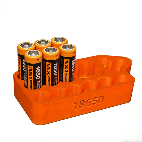 Ergonomic Battery Welding Jig For 18650 And 21700 Cells With Insulated Safety Clamps Quick Spotting Fixture showcasing six 18650 batteries in an orange holder.