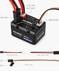 40A Brushed ESC For 1/24 And 1/18 RC Crawlers With IP67 Waterproof and App Tunable, showing battery and motor connections.