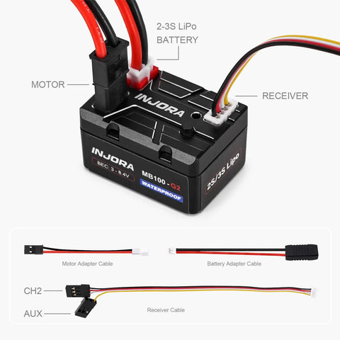 40A Brushed ESC For 1/24 And 1/18 RC Crawlers With IP67 Waterproof and App Tunable, showing battery and motor connections.
