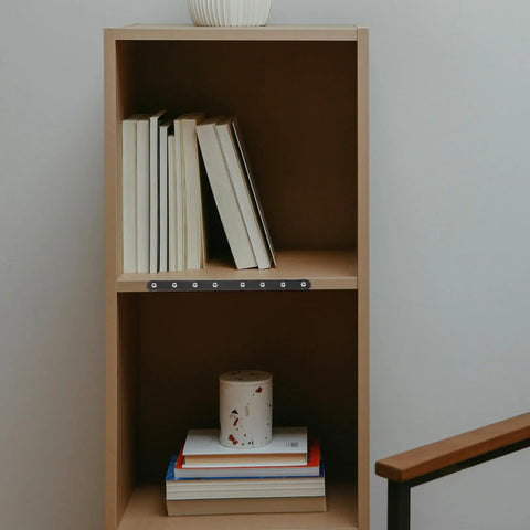 Bookshelf with books supported by Heavy Duty Stainless Steel Straight Brackets Set Four Piece For Wood Furniture Cabinets And Bookshelves No Sweat Easy Install Sturdy Support For Quick DIY Repairs