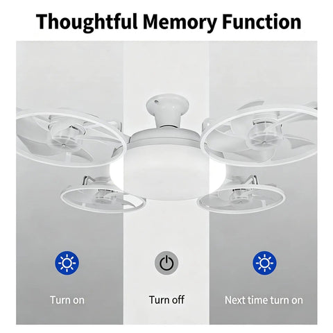 MENGLANSI Flush Mount Fan Light with remote control features and memory function in modern design and white color.