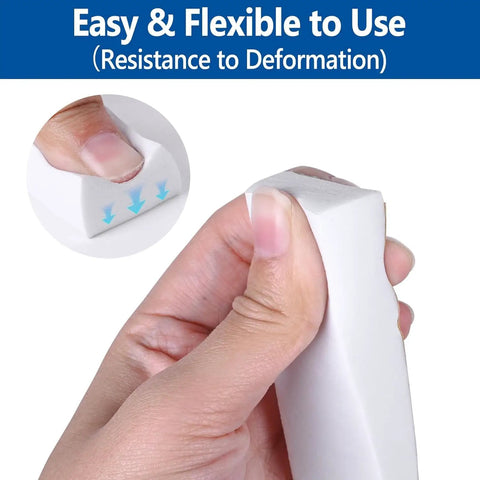 Heavy Duty Self Adhesive Foam Weather Stripping Tape For Doors And Windows Square Black Draft Buster Sound Deadening Insulation Seal Half Inch Wide By Quarter Inch Thick X Sixteen Foot Roll Super Sticky Peel Stick Easy Trim shown being squeezed to demonstrate flexibility.