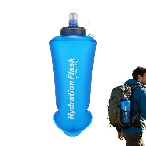 Blue Foldable Hydration Bottle For Hiking And Running with leakproof caps attached to backpack.